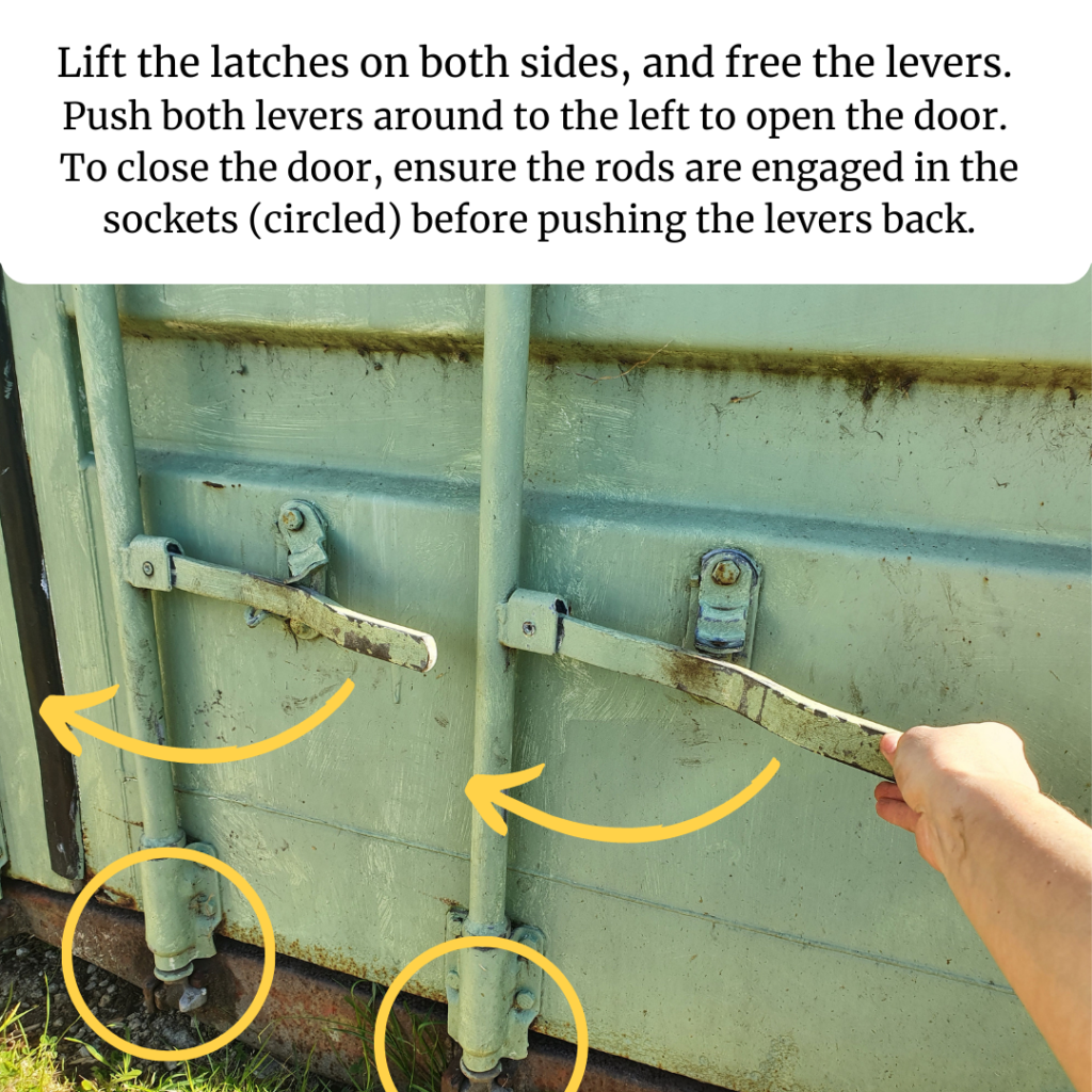 Image of PCG shed showing how to disengage latches and push levers to open