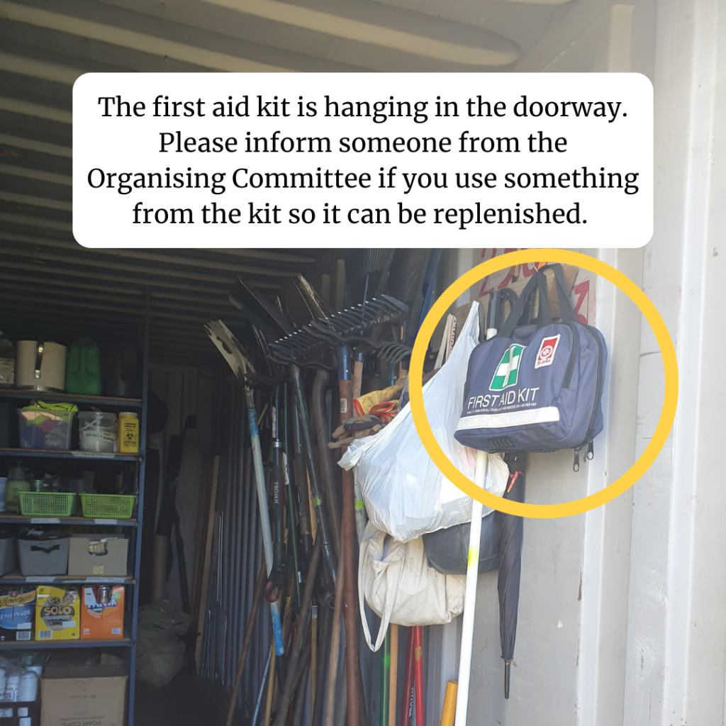First aid kit hung on front right wall in PCG shed